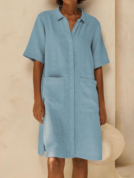 

Casual Cotton Loosen Short Sleeve Woven Dress, Blue, Dresses