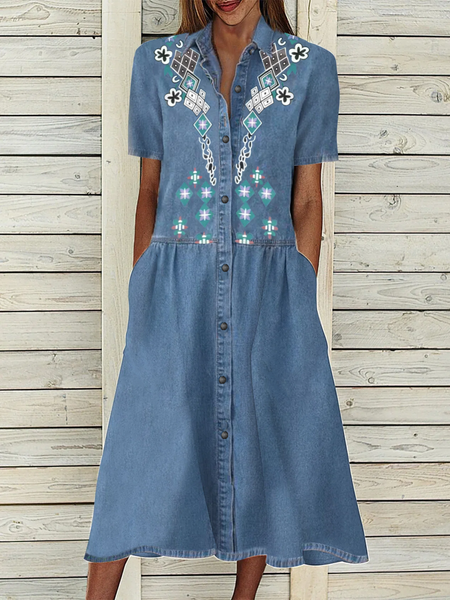 

Casual Geometric Denim Short sleeve Woven Dress, Blue, Denim Dresses