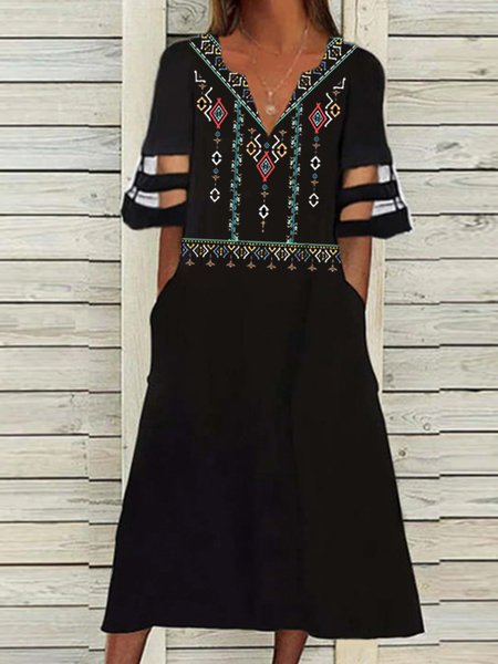 

Tribal Printed Short Sleeve Woven Dress, Black, Dresses