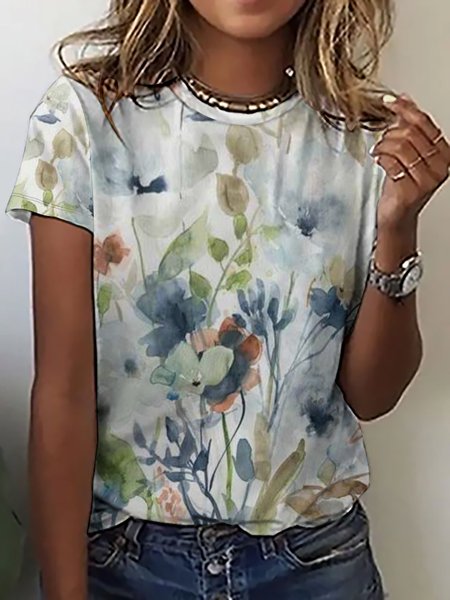 

Watercolor Flower Print Short Sleeve T-Shirt, As picture, T-shirts