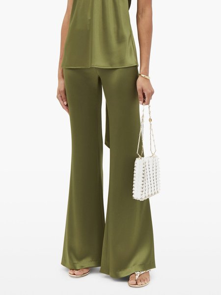 

Simple Solid Regular Fit Pants, Green, Wide Leg Pants