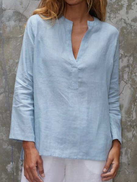 

V Neck Casual Plain Long Sleeve Tops, Blue, Tunics