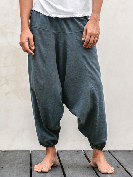

Linen Drop File Simple Casual Wide leg loose Bloomers, Blue, Pants
