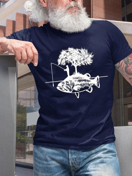

Casual Simple Fishing Print Crew Neck T-Shirt, Purplish blue, T-shirts