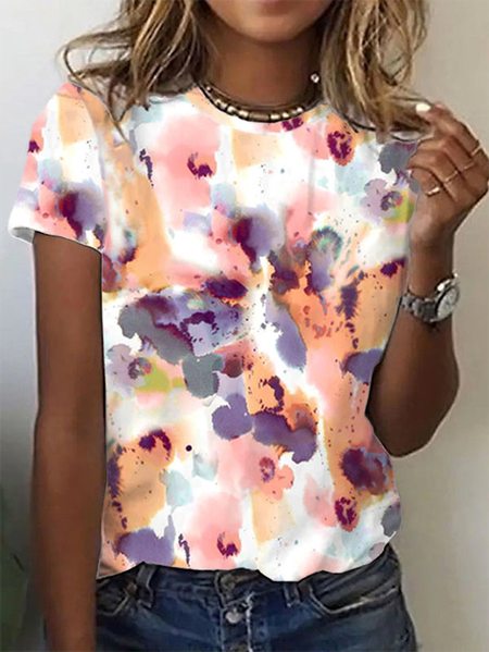

Floral Crew Neck Casual Short Sleeve T-Shirt, As picture, T-Shirts