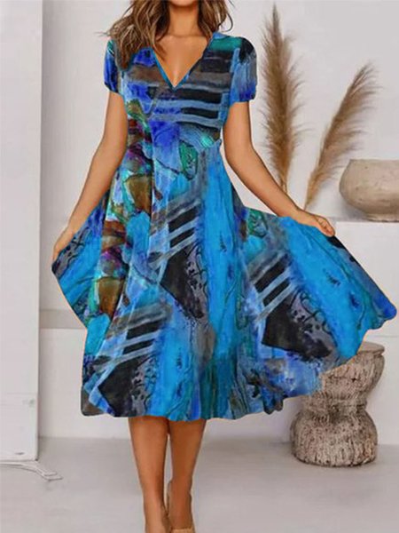 

Women's vacation dress Tropical Print Casual Floral Vacation V Neck Midi Hawaiian Dress, Blue, Casual Dresses