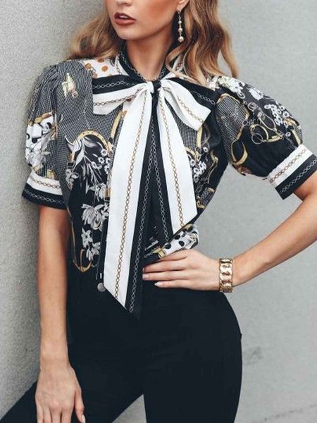 

Loosen Vintage Tie Neck Short Sleeve Blouse, Black, Blouses and Shirts