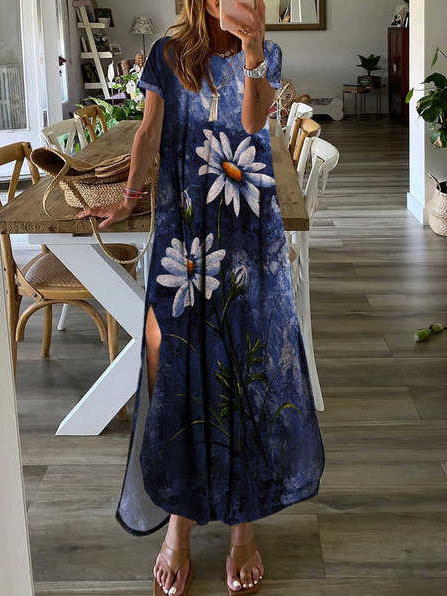 

Floral Crew Neck Loosen Short Sleeve Knit Dress, Blue, Dresses