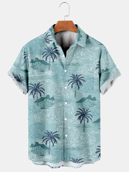 Men's Coconut Tree Print Casual Breathable Short Sleeve Hawaiian Shirt, Green, Men's Floral shirt