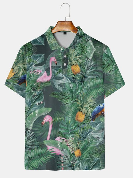 

Resort-style Hawaiian Coconut Flamingo Element Lapel Short Sleeve Polo Print Top, Green, Men's t-shirts