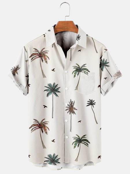 

Men's Casual Breathable Short Sleeve Hawaiian Shirt with Chest Pocket, Off white, Men's Floral shirt