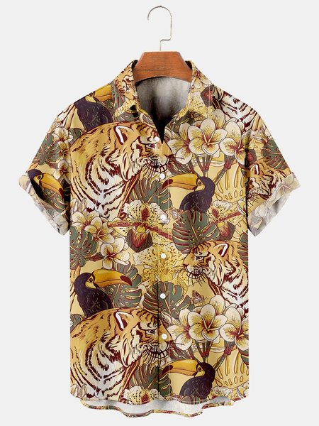 

Men's Hawaiian Tiger Print Casual Breathable Short Sleeve Shirt, Yellow, Men's Floral shirt