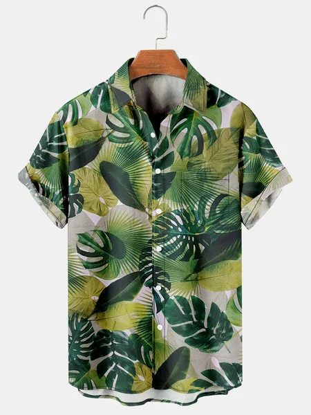 

Men's Palm Leaf Print Casual Breathable Hawaiian Short Sleeve Shirt, Green, Men's Floral shirt