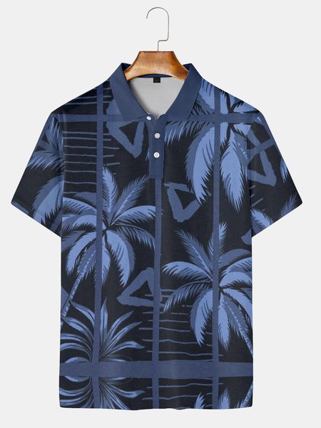 

Resort Style Hawaiian Series Geometric Plant Coconut Tree Element Pattern Lapel Short-Sleeved Polo Print Top, Purplish blue, Men's t-shirts