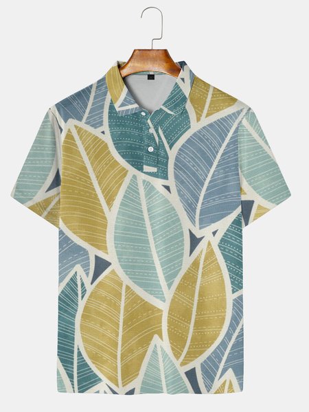 

Resort Style Hawaiian Series Botanical Leaf Stripe Geometric Elements Lapel Short-Sleeved Polo Print Top, Yellow, Men's t-shirts