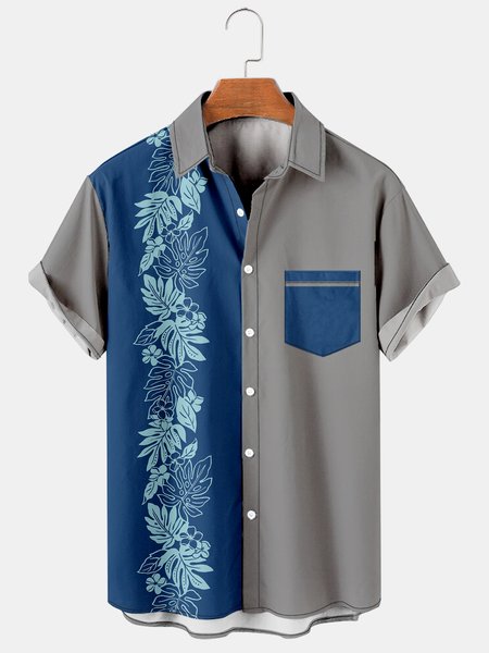 

Men's Palm Leaf Print Casual Breathable Hawaiian Short Sleeve Shirt, Blue, Men's Floral shirt