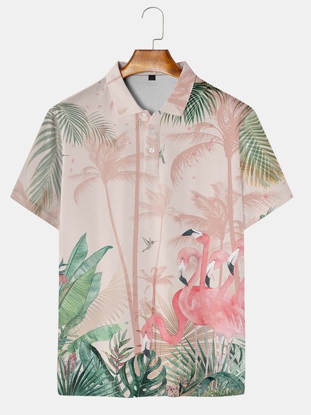 

Resort-style Hawaiian Coconut Flamingo Element Lapel Short Sleeve Polo Print Top, Pink, Men's t-shirts