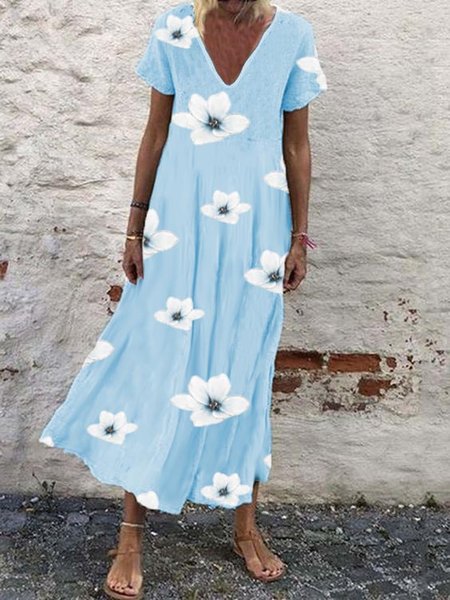 

Cotton Blends Casual Short Sleeve Woven Dress, Blue, Maxi Dresses