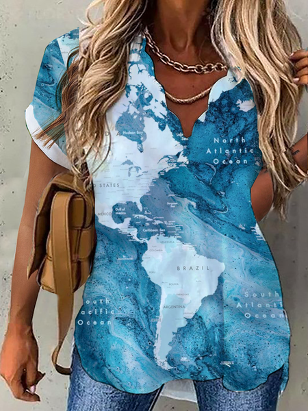 

V Neck Casual Short Sleeve Tops, Blue, Tops