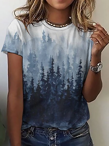 

Indigo Forest Print Short Sleeve T-Shirt, As picture, T-shirts