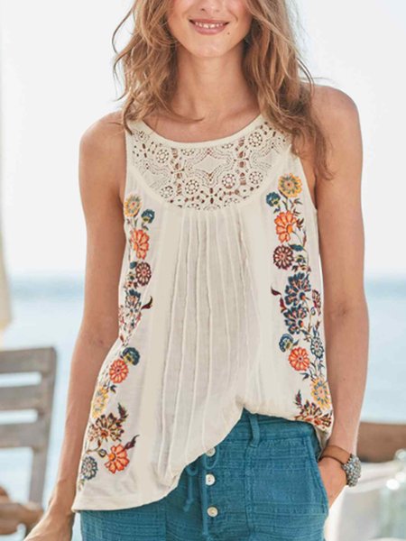 

Floral Casual Crew Neck Woven, Apricot, Tanks & Camis