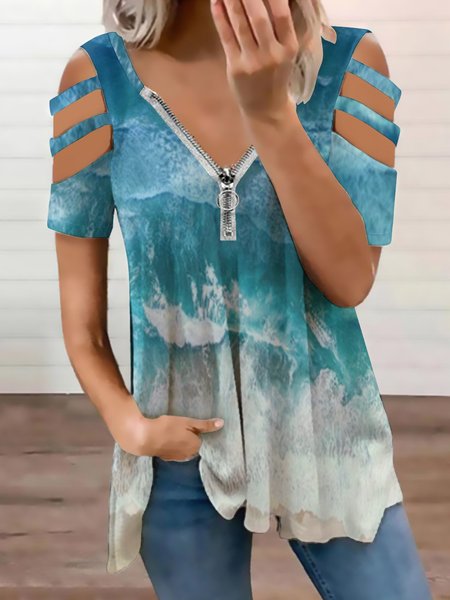 

Ocean Vintage Floral Short Sleeve Tops, As picture, Blouses
