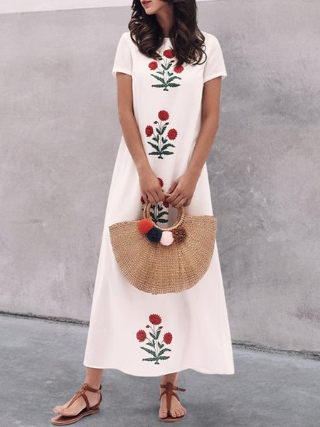 

Daily Crew Neck Floral Short Sleeve Dress, White, Maxi Dresses