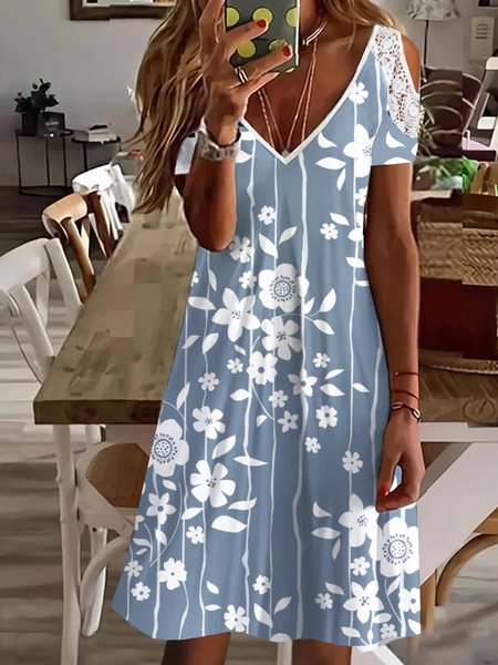 

Floral Casual V Neck Short Sleeve Knit Dress, Blue, Mini Dresses