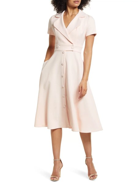 

Flat Collar Short Sleeve Woven Dress, Apricot, Midi Dresses
