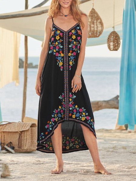 

Vacation Spaghetti Floral Sleeveless Woven Dresses, Black, Midi Dresses