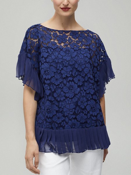 

Casual Short Sleeve Loosen Solid Top, Blue, Tops