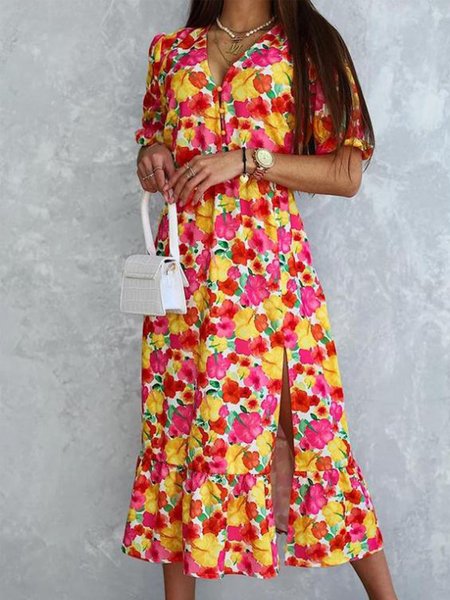 

V Neck Floral Short Sleeve Woven Dress, Multicolor, Midi Dresses