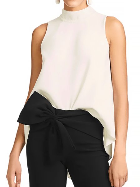 

Summer Stand Collar Lightweight Simple Plain Short Sleeve Daily Tops, White, Tunics