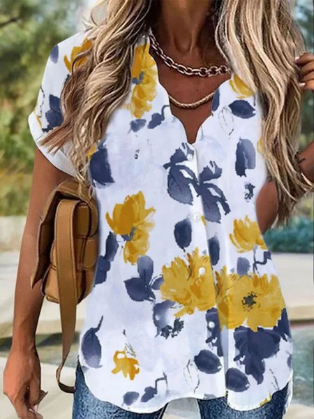 

Floral V neck Casual Short Sleeve Blouse, As picture, Blouses & Shirts