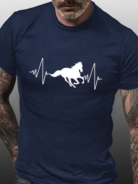 

Casual Simple Horse Print Crew Neck T-Shirt, Purplish blue, T-shirts