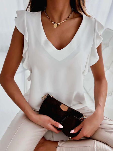 

Casual Plain V Neck Short Sleeve Tops, White, Shirts & Blouses