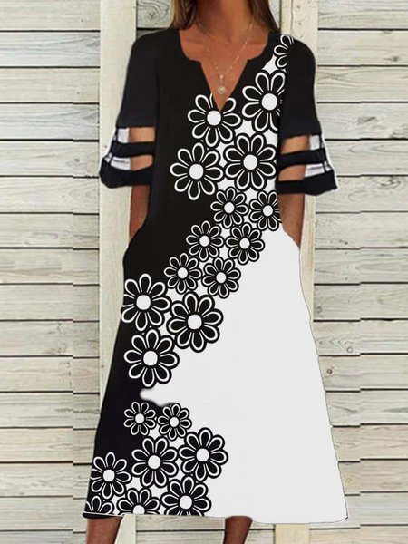

Floral Printed Short Sleeve Woven Dress, Black-white, Dresses