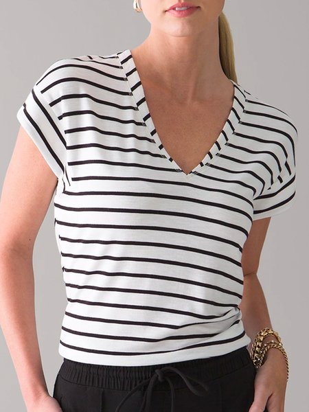 

Casual Cotton Blends V Neck Short Sleeve T-Shirt, White, Tees