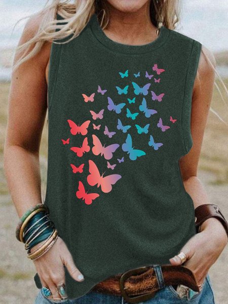 

Butterfly Striped Print Women's Tank, Green, Tank Tops