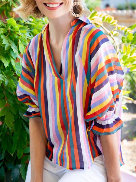 

Vacation V Neck Striped Short Sleeve Blouse, Multicolor, Blouses and Shirts