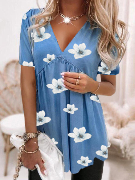 

Loosen V Neck Floral Short Sleeve Tops, Blue, Shirts & Blouses