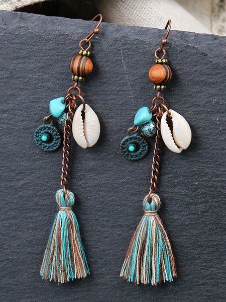 

Vintage Wood Beads and Shell Fringe Earrings, Blue, Earrings