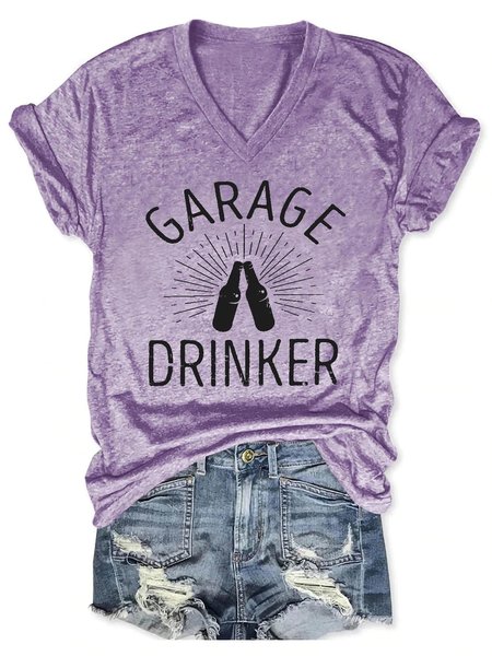Garage Drinker V Neck Short Sleeve T-Shirt, Purple, T-shirts