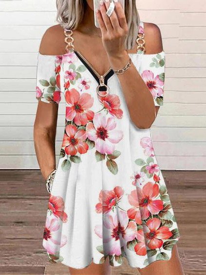 

Cotton Boho Short Sleeve Woven Dress, White, Floral Dresses