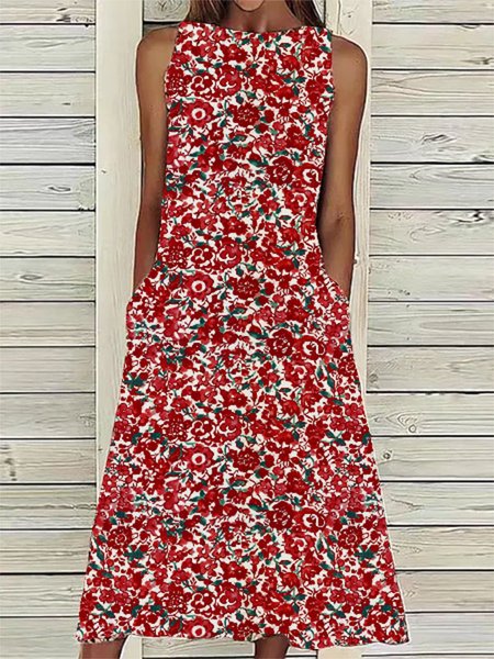 

Crew Neck Floral Casual Sleeveless Dress, As picture, Midi Dresses