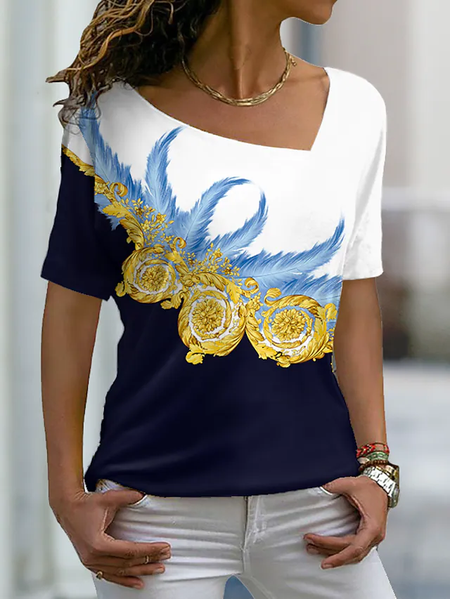 

V Neck Casual Floral Short Sleeve T-Shirt, Multicolor, Shirts & Blouses
