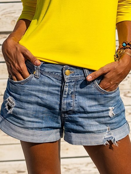 

Plus size Denim Casual Plain Shorts, Blue, Denim Shorts
