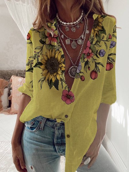 

Sun Flower Print Shirt Long Sleeve Loose Holiday Shirts, Yellow, Shirts