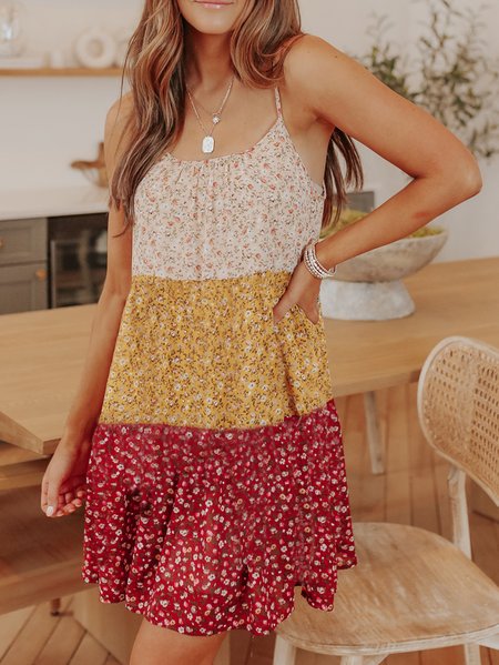 

Casual Floral Crew Neck Sleeveless Woven Dresses, Multicolor, Mini Dresses