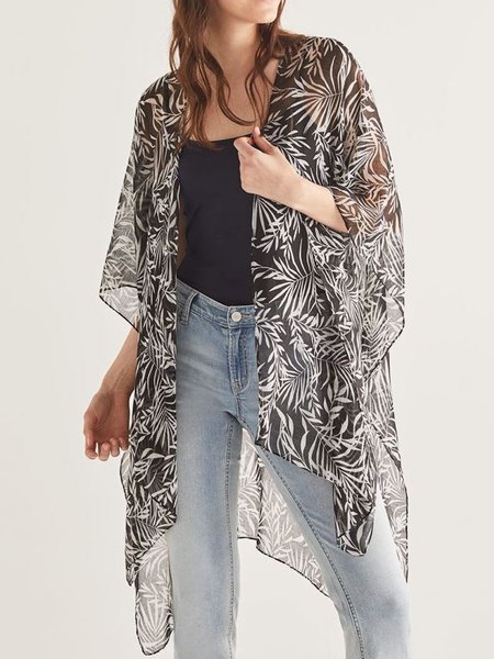

Summer Non-Stretch Lightweight V neck Leaves Loosen Vacation Cardigan, Black, Kimonos